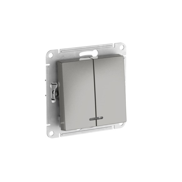 Выключатель 2-клавишный с подсвет.,сх.5а, 10АХ, быстрозажим. клем. Systeme Electric AtlasDesign Сталь ATN000953S