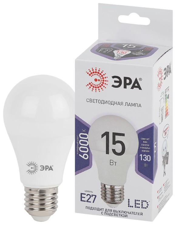 Лампа светодиодная Эра E27 15W 6000K LED A60-15W-860-E27 Б0031396