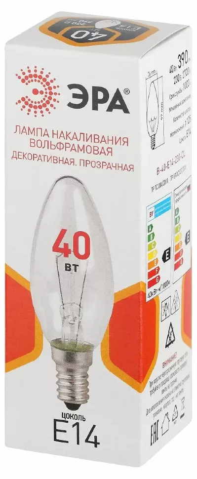 Лампа накаливания Эра B-40-E14-230-CL свечка Б0066509, общий вид Лампа накаливания Эра B-40-E14-230-CL свечка Б0066509, общий вид