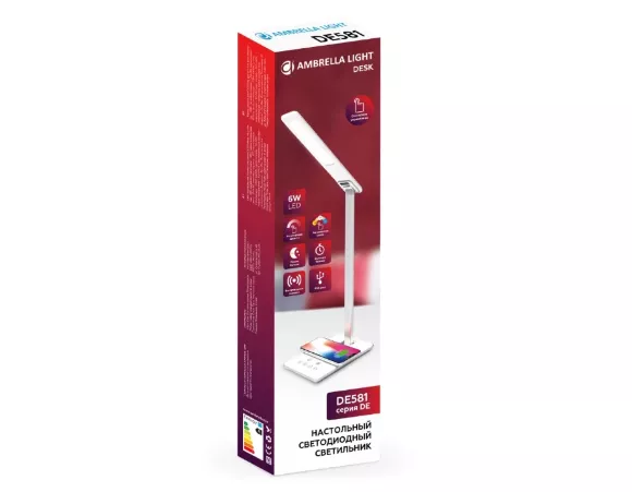 Настольная лампа с беспроводной зарядкой и USB портом Ambrella Light Desk DE581, Белый, От теплого до холодного, Пластик, пульт управления Настольная лампа с беспроводной зарядкой и USB портом Ambrella Light Desk DE581, Белый, От теплого до холодного, Пластик, пульт управления