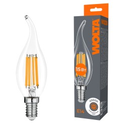 Лампа светодиодная филаментная WOLTA 15Вт 4000K Е14 свеча на ветру прозрачная WF-CT35-15W4KE14