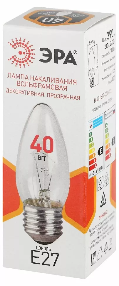Лампа накаливания Эра B-40-E27-230-CL свечка Б0066505, общий вид Лампа накаливания Эра B-40-E27-230-CL свечка Б0066505, общий вид