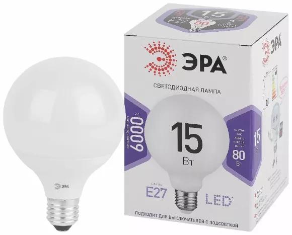 Лампа светодиодная Эра E27 15W 6500K LED G95-15W-6000K-E27 Б0049079, Холодный белый, Россия Лампа светодиодная Эра E27 15W 6500K LED G95-15W-6000K-E27 Б0049079, Холодный белый, Россия