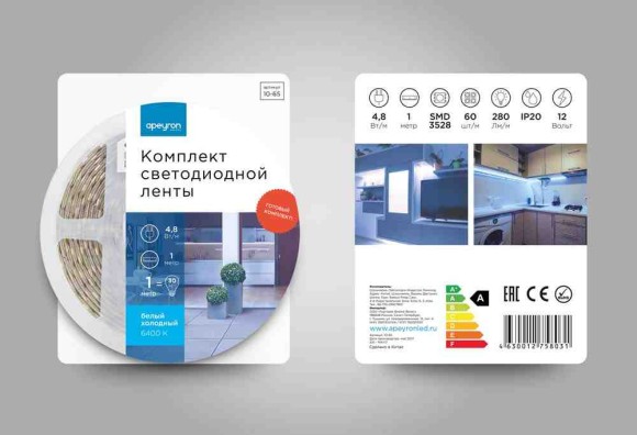 Комплект светодиодной ленты Apeyron 12В 48Вт/м smd 3528 60 д/м IP20 1м 6500К (блок, коннектор) 10-65