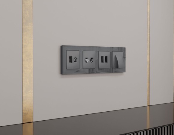 Комплект механизма компьютерной двойной розетки RJ-45 Ambrella Volt MA662110 (8P8C) CAT6 с автоматической защитной шторкой Alfa Антрацит серый Quant