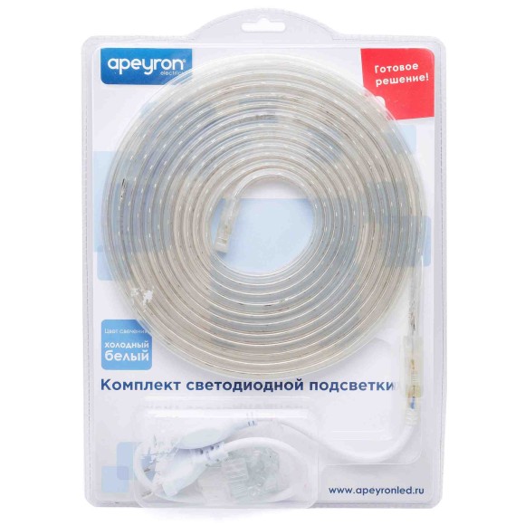 Комплект светодиодной ленты Apeyron 220В 4,8Вт/м smd3528/2835 60д/м IP65 300Лм/м 5м 6000К (сетевой шнур, заглушка, крепежи) 10-04