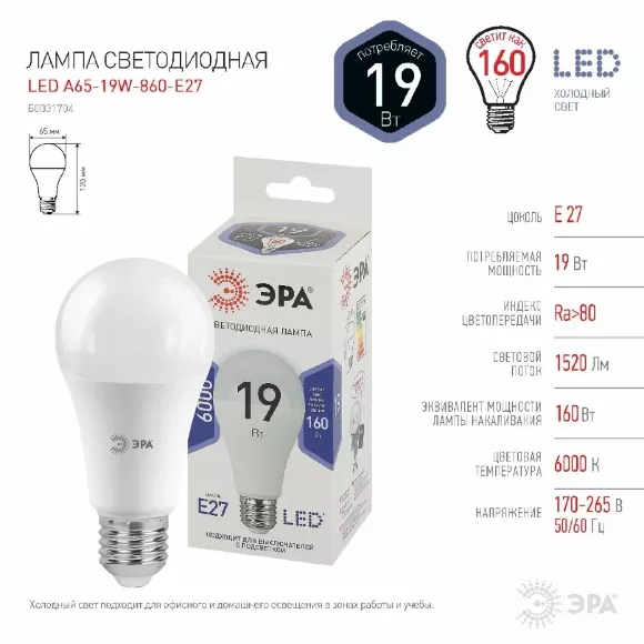 Лампа светодиодная Эра E27 19W 6000K LED A65-19W-860-E27 Б0031704, Холодный белый, Россия, светодиодный модуль