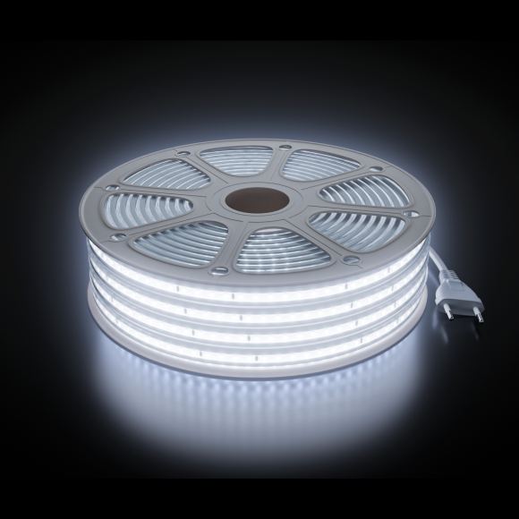Комплект светодиодной ленты Apeyron 220В 10Вт/м, 600лм/м, 6500К (х/б), SMD2835, 120д/м, 15м, IP65 (сетевой шнур, заглушка - 1шт, крепеж - 15шт)