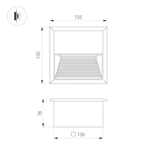 Светильник для ступеней Arlight LTD-RIBONIK-S135x135-5W Warm3000 (Черный, 50 deg, 230V) (IP65 Металл) 062914, Теплый белый, Хай-тек стиль, Россия, вид сверху Светильник для ступеней Arlight LTD-RIBONIK-S135x135-5W Warm3000 (Черный, 50 deg, 230V) (IP65 Металл) 062914, Теплый белый, Хай-тек стиль, Россия, вид сверху
