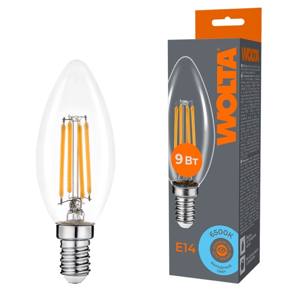 Лампа светодиодная филаментная WOLTA 9Вт 6500K Е14 свеча прозрачная WF-C35-9W6KE14