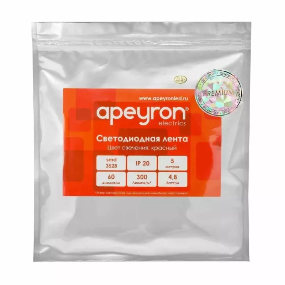 Светодиодная лента Apeyron 12В, 4,8Вт/м, smd3528, 60д/м, IP20 5м Красный 00-435 Светодиодная лента Apeyron 12В, 4,8Вт/м, smd3528, 60д/м, IP20 5м Красный 00-435
