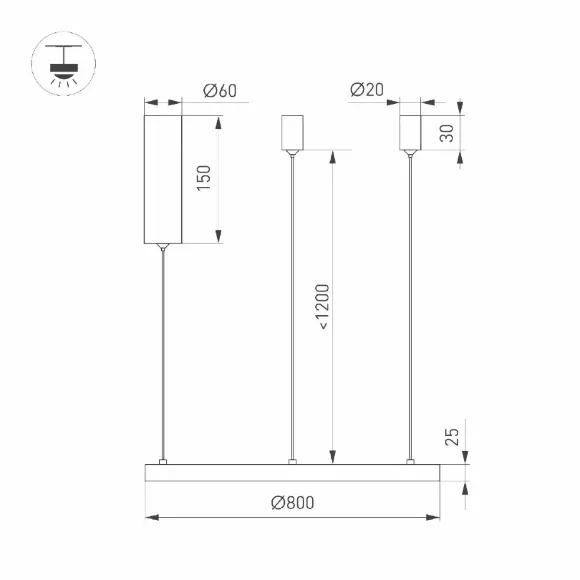 Схема размеров подвесной светильник Arlight SP-CONGO-MULT-1-R800-42W Warm3000 (GD, 120 deg, 230V) 046250 Схема размеров подвесной светильник Arlight SP-CONGO-MULT-1-R800-42W Warm3000 (GD, 120 deg, 230V) 046250