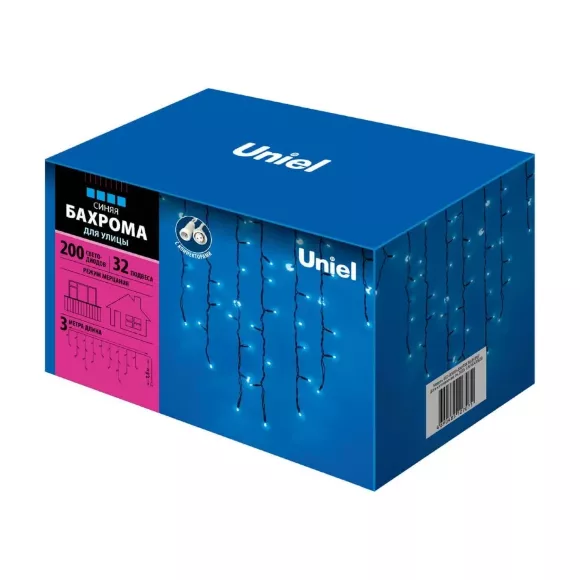 Уличная светодиодная гирлянда Uniel бахрома (UL-00003932) синий ULD-B3010-200/TBK Blue IP67, Белый, Пластик, Современный стиль, упаковка