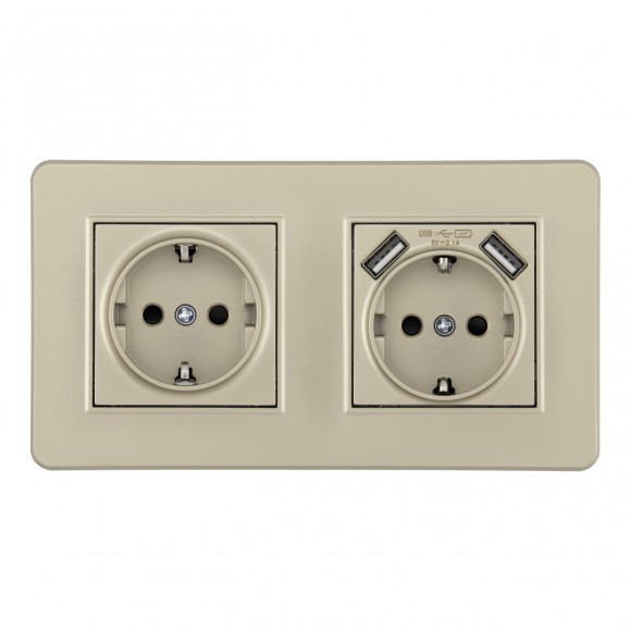 Розетка двойная (двухпостовая) с/з и шторками + USB Arte Milano SET16-2-47-1-40-1 shampan