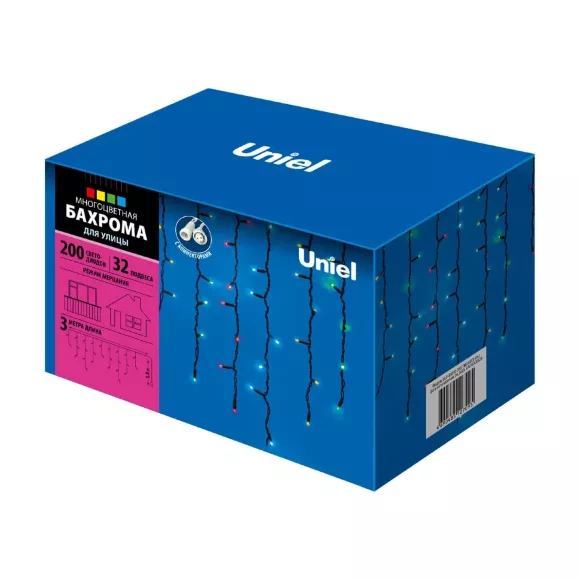 Уличная светодиодная гирлянда Uniel бахрома (UL-00003933) разноцветный ULD-B3010-200/TBK Multi IP67, Зеленый, Пластик, Современный стиль, упаковка
