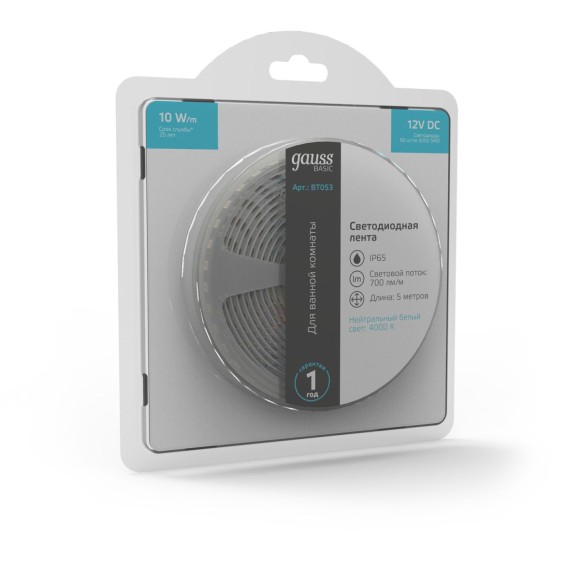 Светодиодная лента Gauss Basic 12В 5050 10Вт/м 4000K 5м IP65 BT053