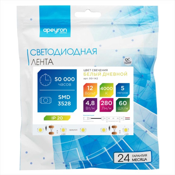 Светодиодная лента Apeyron 12В СТ 4,8Вт/м smd3528, 60д/м IP20 280Лм/м 5м 4000К 00-142