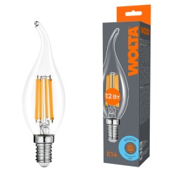 Лампа светодиодная филаментная WOLTA 12Вт 6500K Е14 свеча на ветру прозрачная WF-CT35-12W6KE14