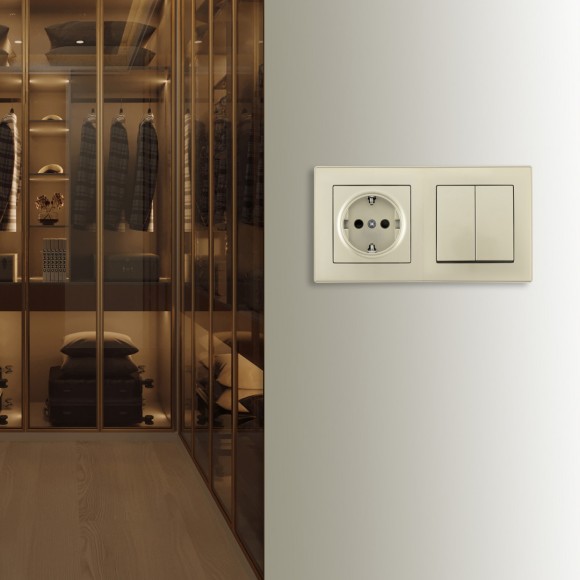 Выключатель двухклавишный с розеткой Arte Milano SET06-2-30-2-40-1 shampan