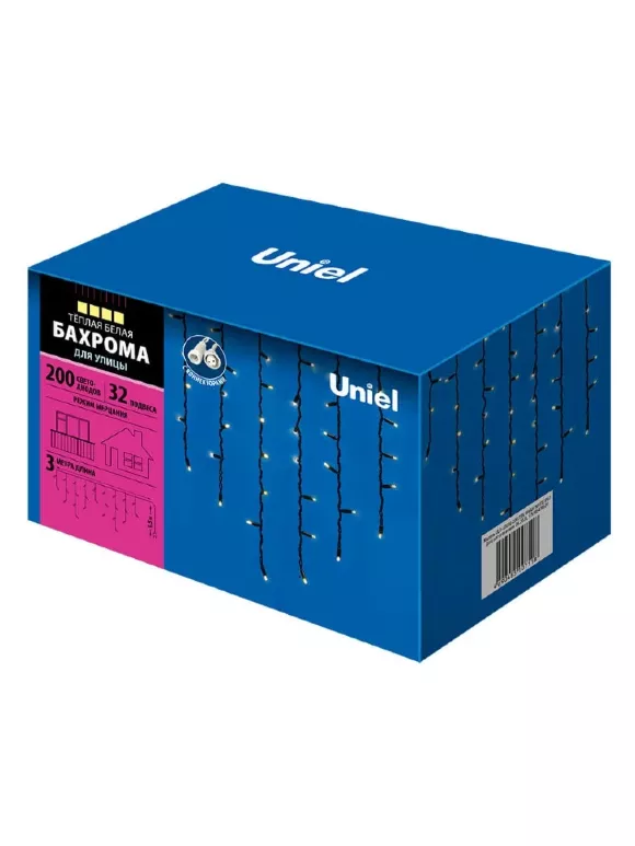 Уличная светодиодная гирлянда Uniel бахрома (UL-00003934) теплый белый ULD-B3010-200/TBK Warm White IP67, Зеленый, Пластик, Современный стиль, упаковка