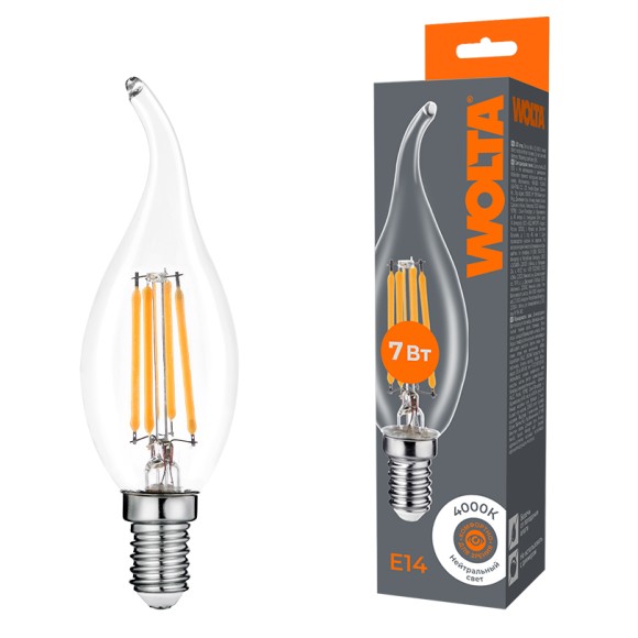 Лампа светодиодная филаментная WOLTA 7Вт 4000K Е14 свеча на ветру прозрачная WF-CT35-7W4KE14