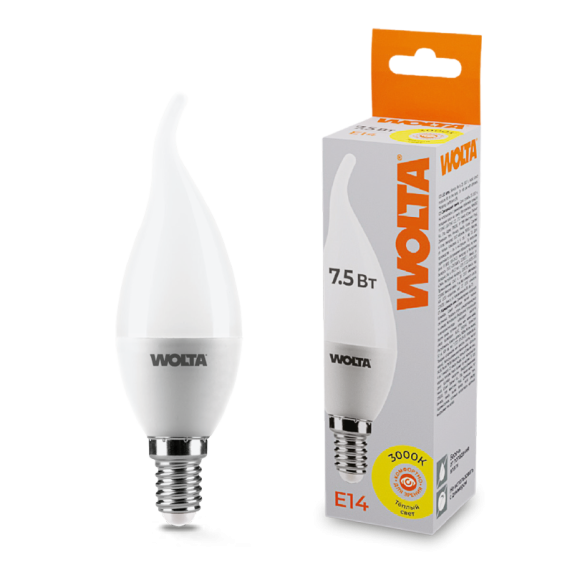 Светодиодная лампа WOLTA 7.5Вт 3000K E14 свеча матовая 25YCD7.5E14