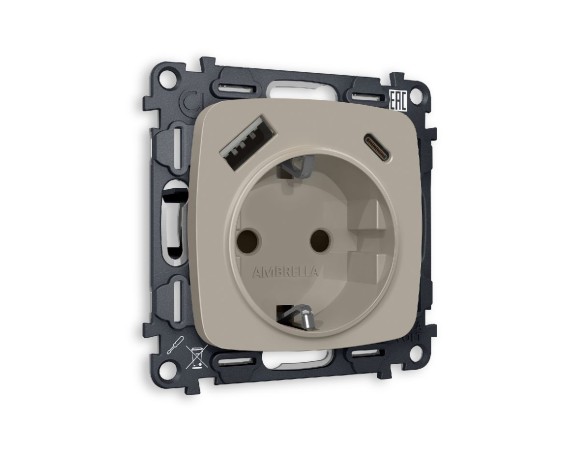 Комплект механизма розетки 2USB A+C 20W (быстрая зарядка) с/з Ambrella Volt Omega MO370010