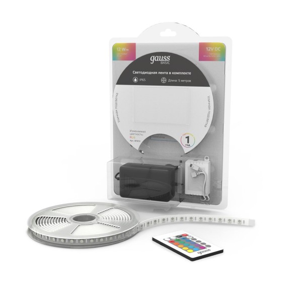 Светодиодная лента Gauss Basic 12В 5050 12Вт/м RGB 5м IP65 BT072
