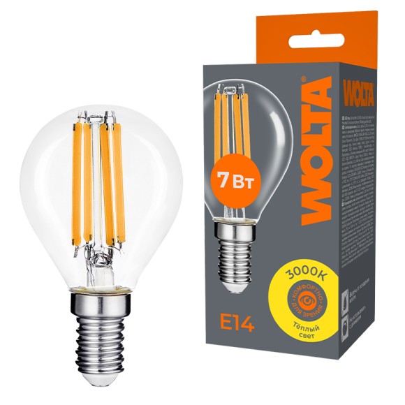 Лампа светодиодная филаментная WOLTA 7Вт 3000K Е14 шар прозрачный WF-G45-7W3KE14