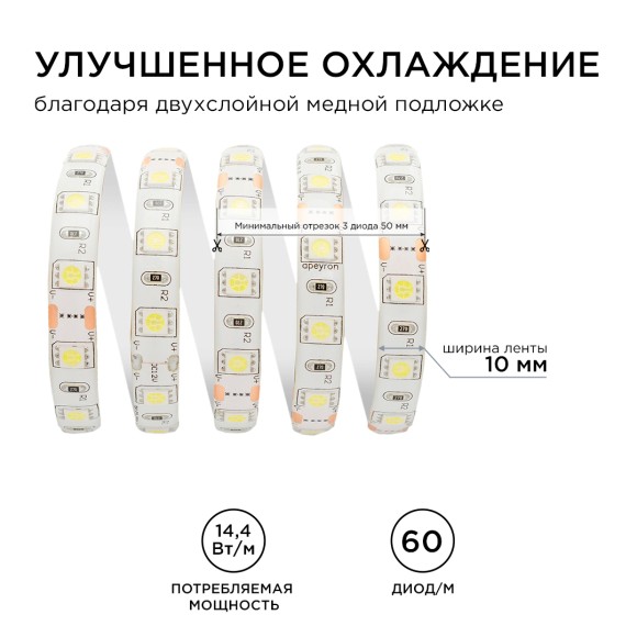 Светодиодная лента Apeyron 12В 14,4Вт/м smd5050 60д/м IP65 700Лм/м 1м 6500К 259BL