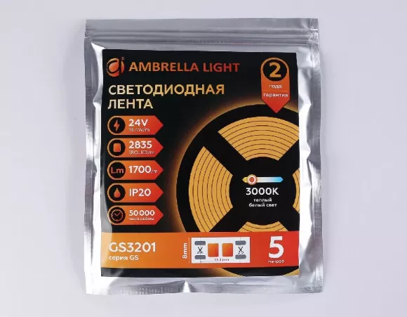 Светодиодная лента Ambrella Light LED Strip 24В 2835 14,4Вт/м 3000K 5м IP20 GS3201 Светодиодная лента Ambrella Light LED Strip 24В 2835 14,4Вт/м 3000K 5м IP20 GS3201