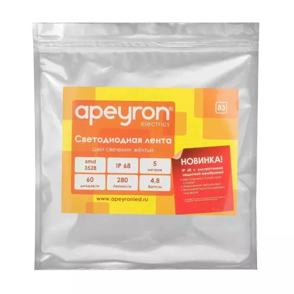 Светодиодная лента Apeyron 12В СТ 4,8Вт/м smd3528, 60д/м IP67 (НАНО) 5м желтая 00-83 Светодиодная лента Apeyron 12В СТ 4,8Вт/м smd3528, 60д/м IP67 (НАНО) 5м желтая 00-83
