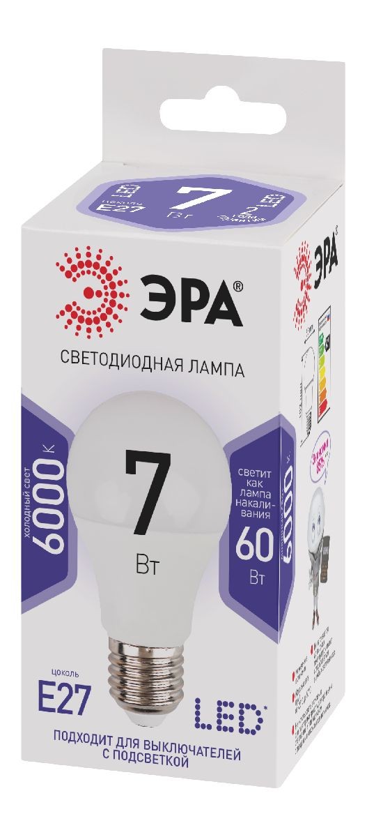 Лампа светодиодная Эра E27 7W 6000K LED A60-7W-860-E27 Б0044087