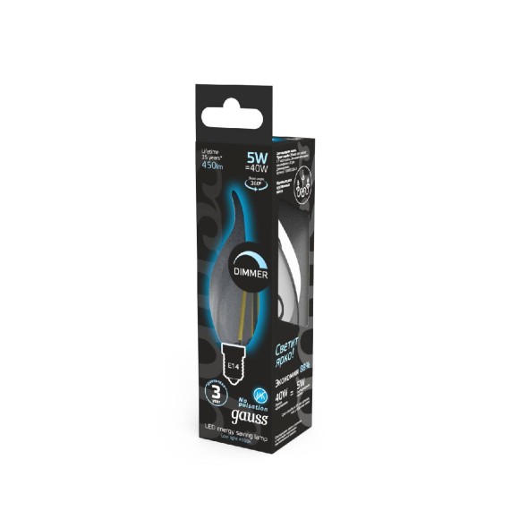 Лампа светодиодная диммируемая Gauss филаментная E14 5W 4100К прозрачная 104801205-D