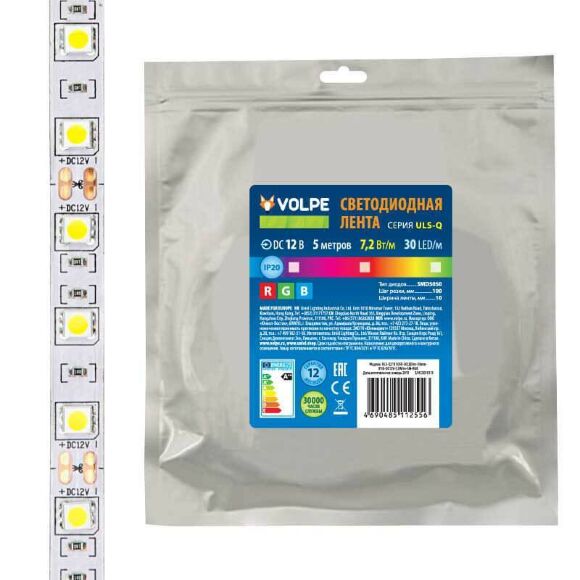 Светодиодная лента Volpe 7,2W/m 30LED/m 5050SMD RGB 5M ULS-Q210 5050-30LED/m-10mm-IP20-DC12V-7,2W/m-5M-RGB UL-00004541 Светодиодная лента Volpe 7,2W/m 30LED/m 5050SMD RGB 5M ULS-Q210 5050-30LED/m-10mm-IP20-DC12V-7,2W/m-5M-RGB UL-00004541