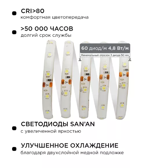 Комплект светодиодной ленты Apeyron 12В 4.8Вт/м smd 3528 60 д/м IP65 5м 6500K (блок, коннектор) 10-26 Комплект светодиодной ленты Apeyron 12В 4.8Вт/м smd 3528 60 д/м IP65 5м 6500K (блок, коннектор) 10-26