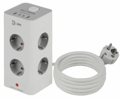 Сетевой фильтр ЭРА TWR-8es-1,5m-4USB-W башня с защитой заземлением с выключателем 8 розеток+4xUSBA+C 1,5м 16А белый Б0069071