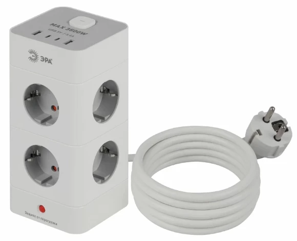 Сетевой фильтр ЭРА TWR-8es-1,5m-4USB-W башня с защитой заземлением с выключателем 8 розеток+4xUSBA+C 1,5м 16А белый Б0069071