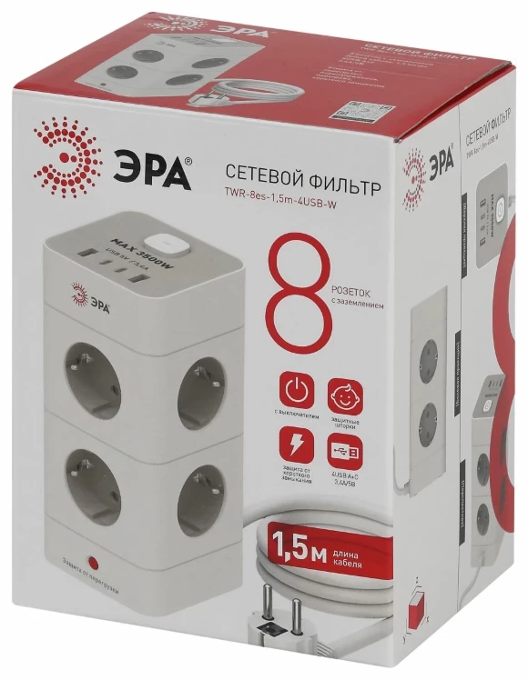 Сетевой фильтр ЭРА TWR-8es-1,5m-4USB-W башня с защитой заземлением с выключателем 8 розеток+4xUSBA+C 1,5м 16А белый Б0069071