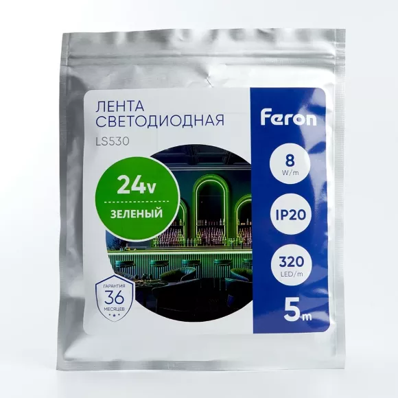 Светодиодная лента Feron LS530 24В 2110 8Вт/м зеленый 5м IP20 48268 Светодиодная лента Feron LS530 24В 2110 8Вт/м зеленый 5м IP20 48268