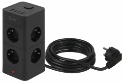Сетевой фильтр ЭРА TWR-8es-1,5m-4USB-B башня с защитой заземлением с выключателем 8 розеток+4xUSBA+C 1,5м 16А черный Б0069072
