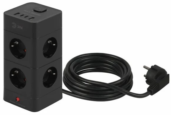 Сетевой фильтр ЭРА TWR-8es-1,5m-4USB-B башня с защитой заземлением с выключателем 8 розеток+4xUSBA+C 1,5м 16А черный Б0069072