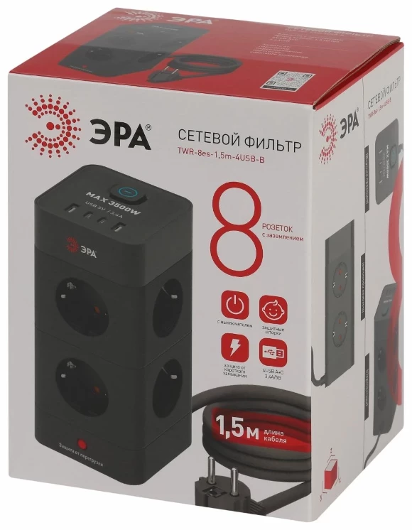 Сетевой фильтр ЭРА TWR-8es-1,5m-4USB-B башня с защитой заземлением с выключателем 8 розеток+4xUSBA+C 1,5м 16А черный Б0069072