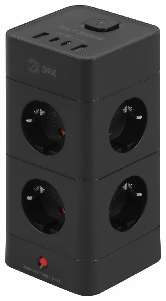 Сетевой фильтр ЭРА TWR-8es-1,5m-4USB-B башня с защитой заземлением с выключателем 8 розеток+4xUSBA+C 1,5м 16А черный Б0069072