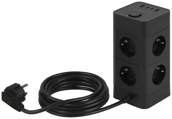 Сетевой фильтр ЭРА TWR-8es-1,5m-4USB-B башня с защитой заземлением с выключателем 8 розеток+4xUSBA+C 1,5м 16А черный Б0069072