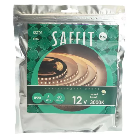 Светодиодная лента Saffit SST01 12В 6Вт/м 3000К 5м IP20 55237 Светодиодная лента Saffit SST01 12В 6Вт/м 3000К 5м IP20 55237