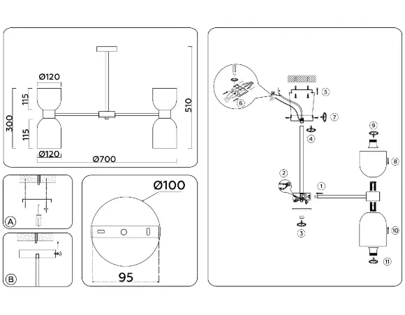 Схема размеров люстра на штанге Ambrella Light High Light Heigh Light LH56083 Схема размеров люстра на штанге Ambrella Light High Light Heigh Light LH56083
