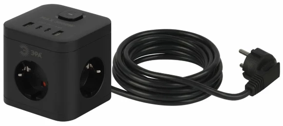 Сетевой фильтр ЭРА CUBE-3es-1,5m-4USB-B куб с заземлением с выключателем 3 розетки+4xUSBA+C 1,5м 16А черный Б0069074