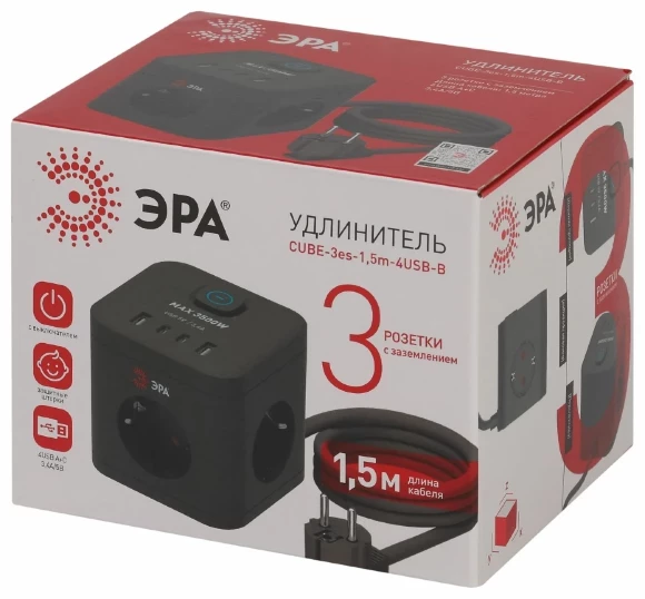 Сетевой фильтр ЭРА CUBE-3es-1,5m-4USB-B куб с заземлением с выключателем 3 розетки+4xUSBA+C 1,5м 16А черный Б0069074