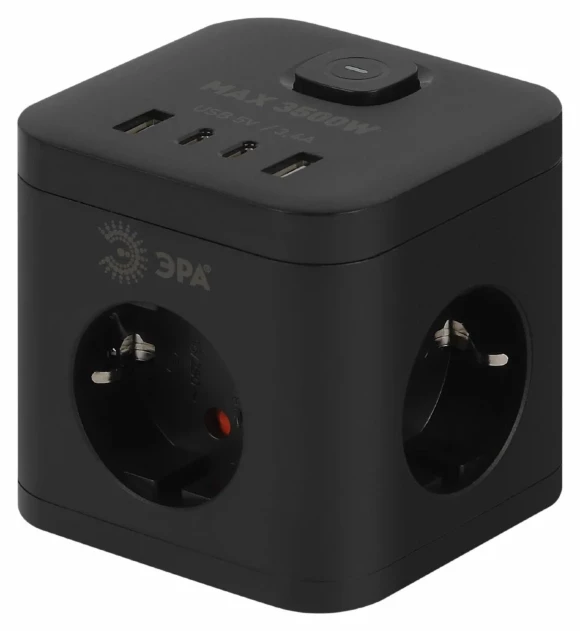 Сетевой фильтр ЭРА CUBE-3es-1,5m-4USB-B куб с заземлением с выключателем 3 розетки+4xUSBA+C 1,5м 16А черный Б0069074